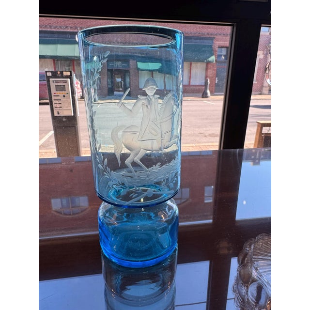 Antique Victorian Blue Etched Glass Vase- American Bicentennial- Rare Find For Sale - Image 10 of 10