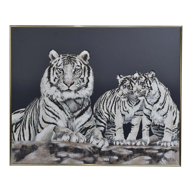 Vintage 1970s Large Scale White Tigers Painting by Anderson For Sale