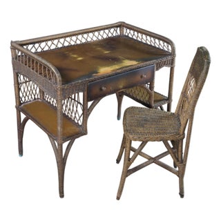 Vintage Wicker Rattan Bookcase Writing Desk & Chair Attributed to Heywood Wakefield For Sale
