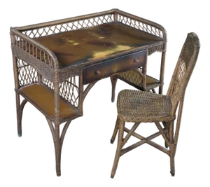 Vintage Wicker Rattan Bookcase Writing Desk & Chair Attributed to Heywood Wakefield