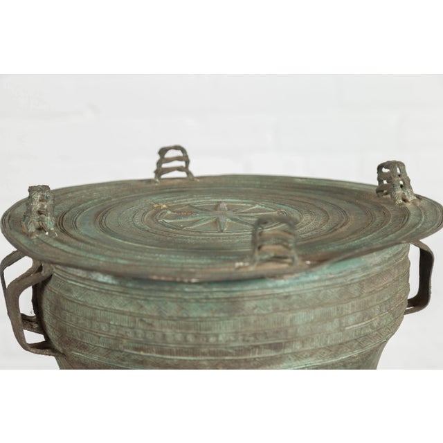Laotian Style Vintage Bronze Rain Drum with Geometric Motifs and Verde Patina For Sale - Image 10 of 13