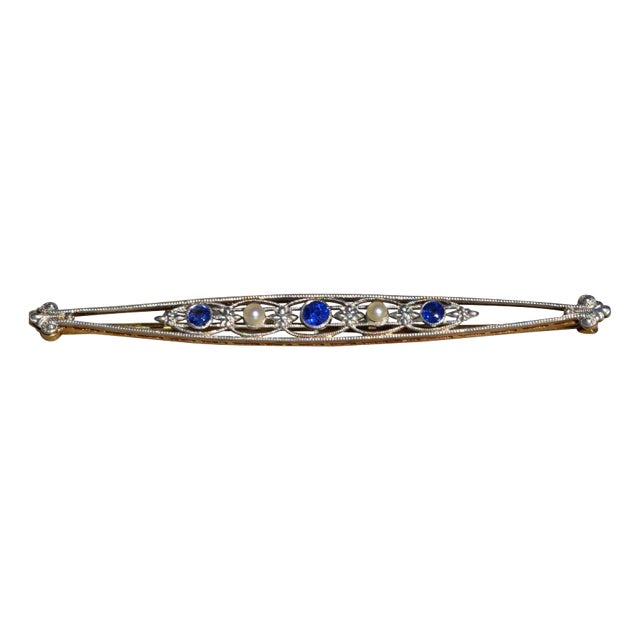 Ladies Antique 14K and Platinum Bar Brooch set with Sapphires and Pearls For Sale