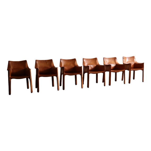 CAB Dining Armchairs with in Cognac Leather by Mario Bellini for Cassina, Italy, 1970s, Set of 6 For Sale