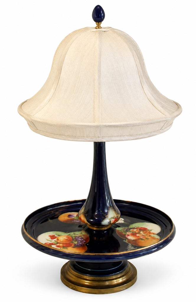 Dresden Style Vintage Cobalt Blue Porcelain Tray Table Lamp With Hand-Painted Fruit & Brass Accents — view 4