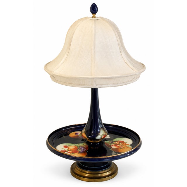 Dresden Style Vintage Cobalt Blue Porcelain Tray Table Lamp With Hand-Painted Fruit & Brass Accents For Sale - Image 4 of 6
