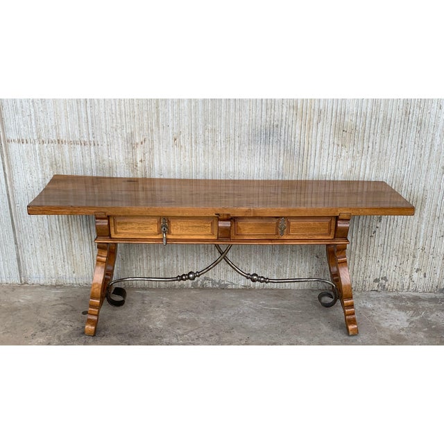 Late 19th Century Spanish Bench or Low Console Table with Drawers, Lyre Legs and Iron Stretcher For Sale - Image 16 of 18