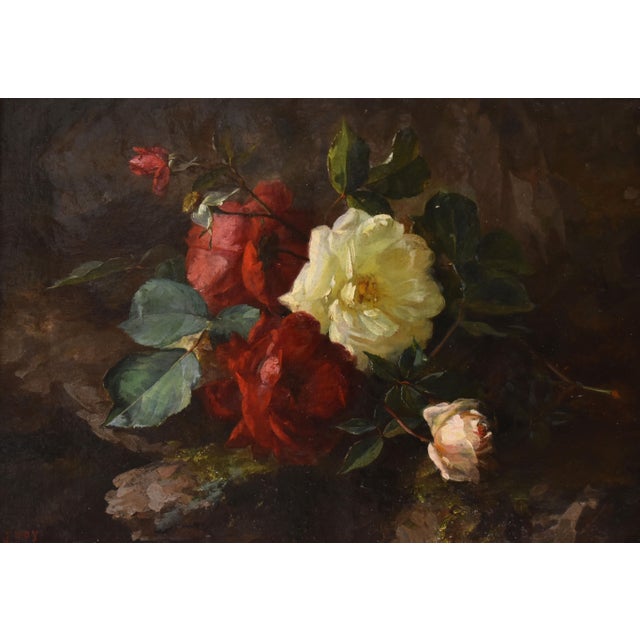 Jean-Marie Poy, Still Life Flowers Vase Red and White Roses, 1800s, Oil on Canvas For Sale - Image 3 of 11