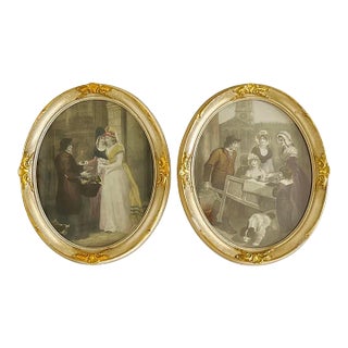 Vintage Ca 1950s, 18th Century Francis Wheatley’s ‘Cries of London’, Colored Engraving’s Prints in Oval Gilt Frames, a Set of 2 For Sale