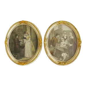 Vintage Ca 1950s, 18th Century Francis Wheatley’s ‘Cries of London’, Colored Engraving’s Prints in Oval Gilt Frames, a Set of 2