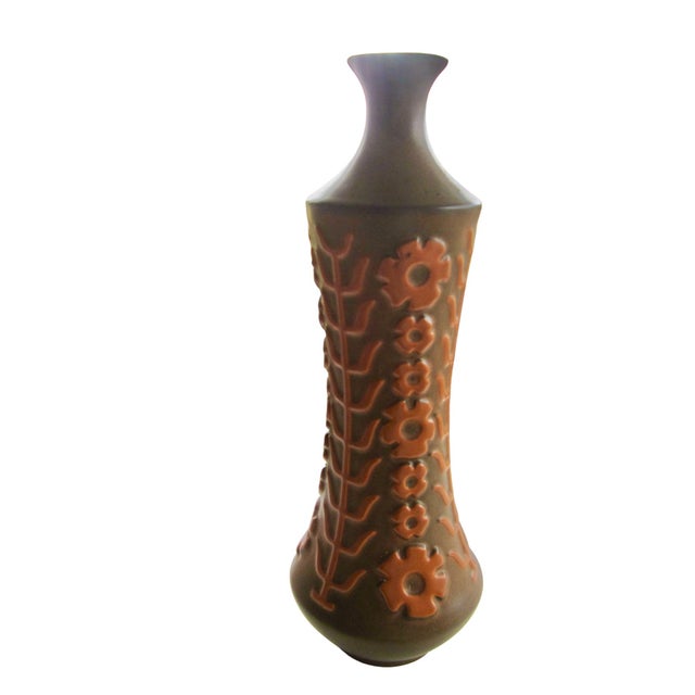 Vintage Hyalyn Mid Century Tall Pottery Vase Orange Floral Scandinavian Influence For Sale In Denver - Image 6 of 8