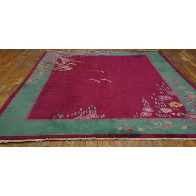 Antique Chinese Art Deco rug with Fuchsia color and 8'9" x 11'4" size. Antique Art Deco Room Size Wool Fuschia Rug, Circa...