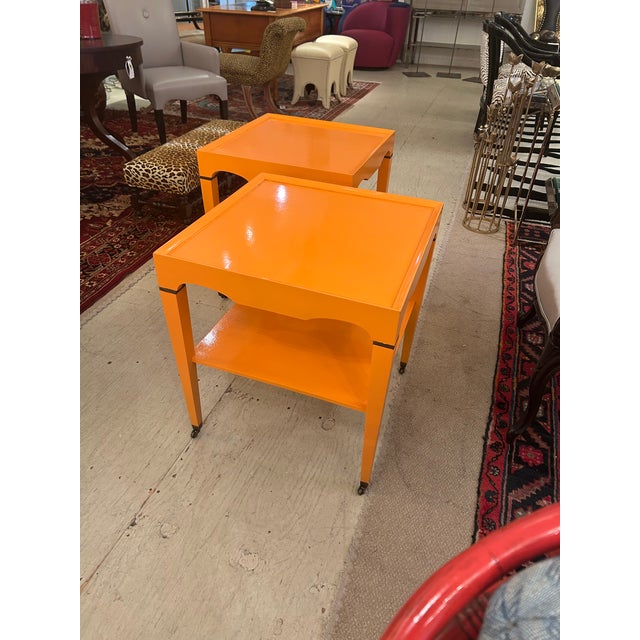 Scintillating pair of mid century modern square two tier end tables updated and hand painted a high gloss chic Hermes...