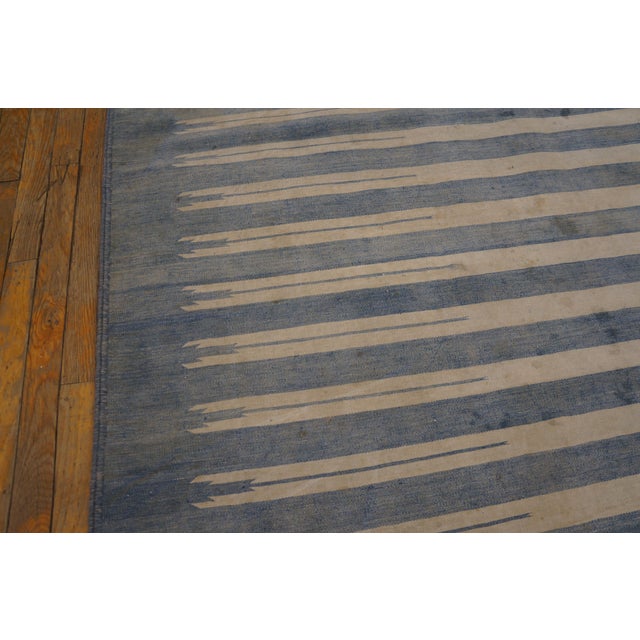 1930s White Blue Stripe Antique Indian Cotton Dhurrie Rug 8' X 16'4" Flatweave Carpet For Sale - Image 4 of 6