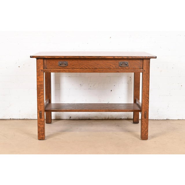 Mission Antique L. & J. G. Stickley Mission Oak Arts & Crafts Writing Desk or Library Table, Newly Restored For Sale - Image 3 of 12