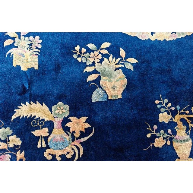 1920s Navy Blue Floral Vase Antique Chinese Art Deco Rug 8' 9'' X 11' 6'' Wool Knotted Carpet For Sale - Image 9 of 12