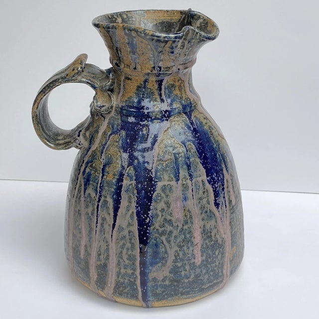 Blue Vintage 1972 Blue Drip Glazed Ceramic Extra Large Jug/Pitcher Signed and Dated by Artist For Sale - Image 8 of 8