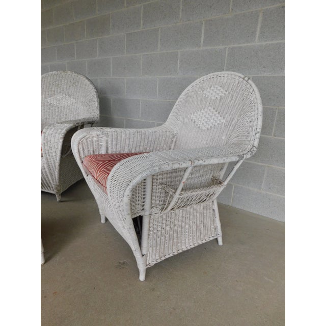 Art Deco Antique Art Deco Hollywood Regency Wicker Club Chairs & Ottoman - Set of 3 For Sale - Image 3 of 13