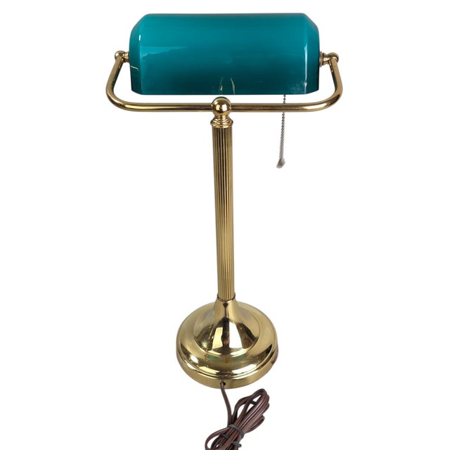 Mid-Century Modern 1970s Mid-Century Modern Art Deco Brass and Teal Glass Banker's Desk Lamp For Sale - Image 3 of 18