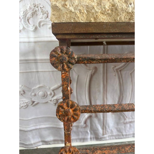 Rustic Console Table With Textured Stone Top and Hand-Forged Iron Base For Sale - Image 4 of 18