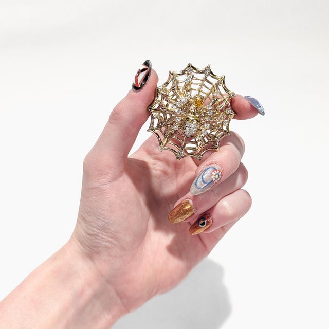 Modern Large 14k Gold, Diamond, and Yellow Sapphire Spider & Web Brooch For Sale - Image 3 of 13