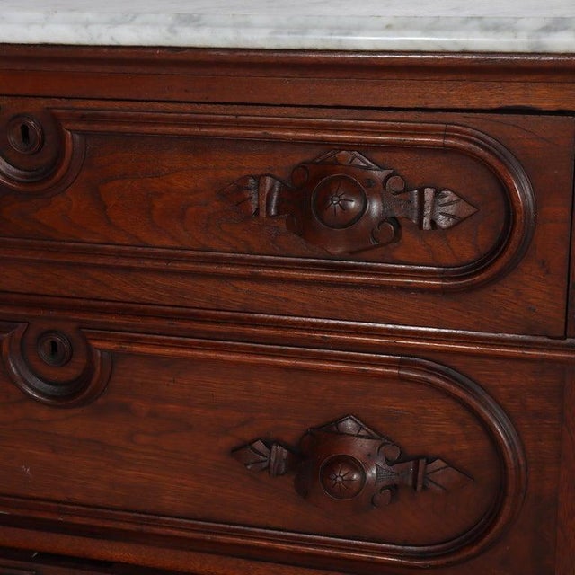 Wood Antique Walnut 3-Drawer Marble Top Commode With Carved Pulls Circa 1890 For Sale - Image 7 of 16