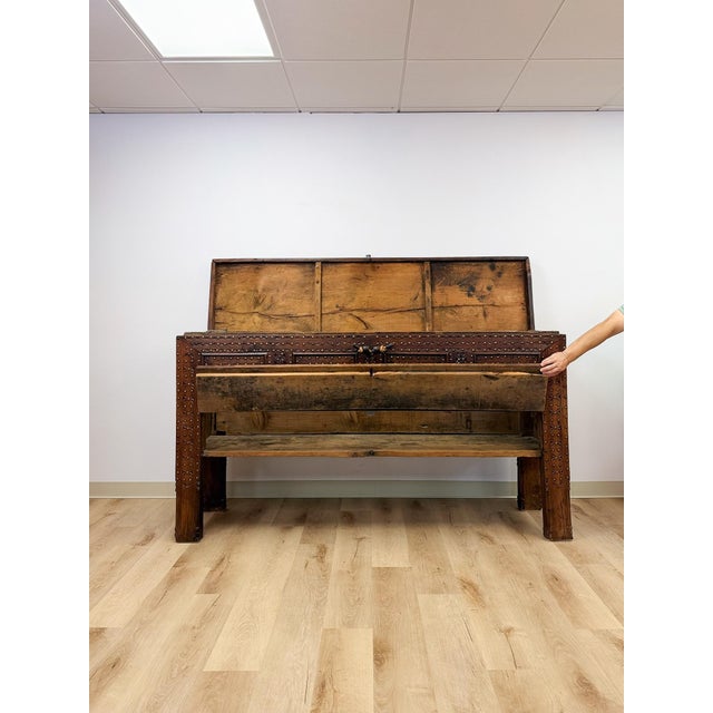 Antique Indian Dowry Chest 19th Century Brass Studs Iron Medieval Style Console For Sale - Image 11 of 12