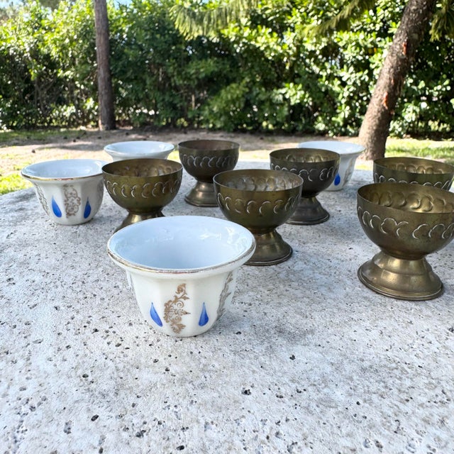 Vintage Israeli Porcelain Tea Cups in Brass Holders - Set of 6 For Sale - Image 4 of 8