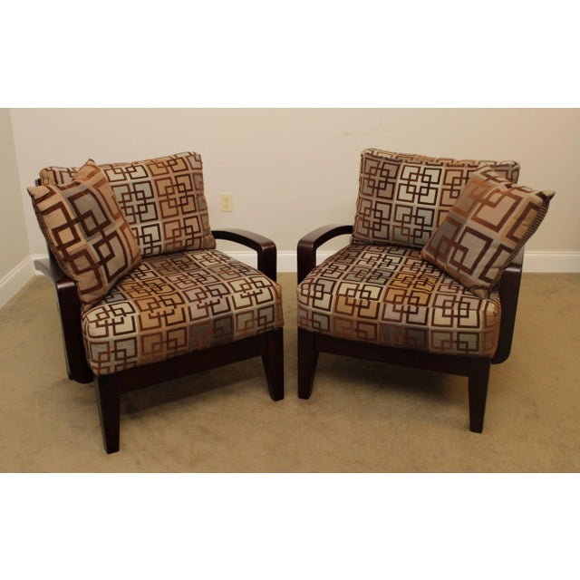 Quality Pair Solid Wood Frame Armchairs, Square Print Upholstered Cushions