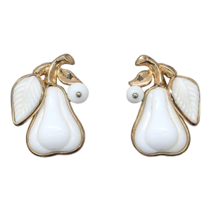 Vintage Alfred Philippe for Crown Trifari White Thermoset Pear Clip Earrings, 1954- 2 Pieces