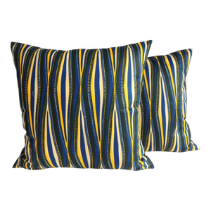 African Tribal Pattern Blue & Yellow Waxed Cotton Square Pillows - Set of 2