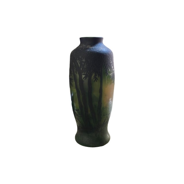 This is an authentic early 20th-century French cameo glass vase by Daum Nancy, featuring a beautifully etched multi-...