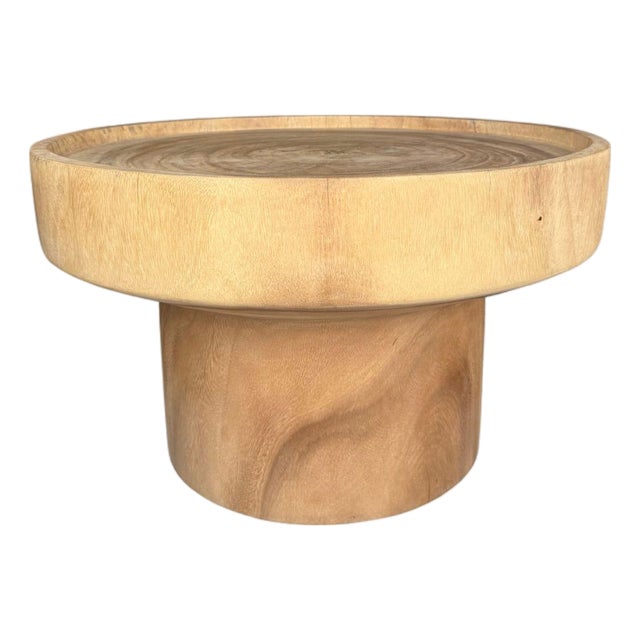 Sculptural Round Table: Solid Mango Wood, Natural Finish, Modern Organic For Sale