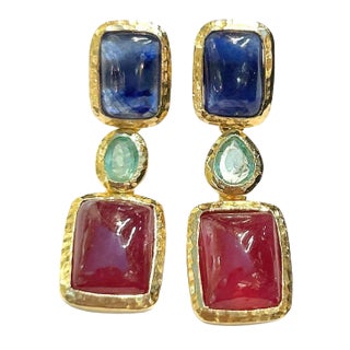 Bochic “Orient” Emerald, Blue Sapphire & Red Ruby Earrings Set 18K Gold&Silver - 2 Pieces For Sale