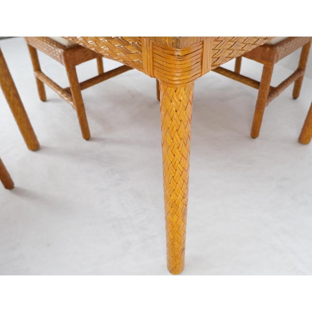 Leather Basket Weave Wicker Style Square Dining Room Table 4 Chairs Glass Top For Sale - Image 16 of 18