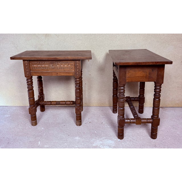Spanish Carved Nightstands with Turned Legs, 1950, Set of 2 For Sale - Image 9 of 16