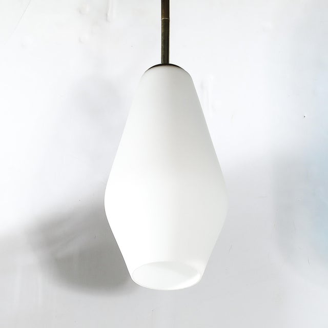 Mid-Century Modern Frosted Glass & Walnut Pendant Chandelier With Brass Fittings For Sale - Image 13 of 17