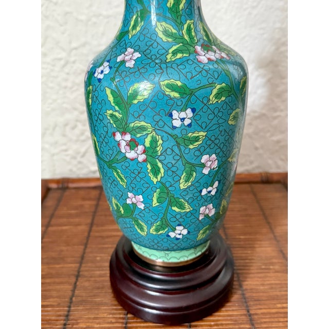 Beautiful midcentury cloisonné vase turned into a beautiful table lamp on a turned wood base, REWIRED. Please see...