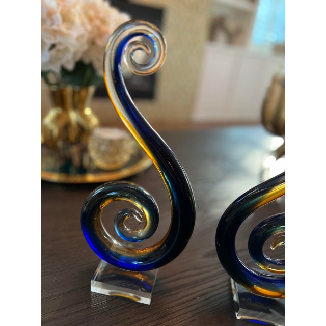 Set of 2 Contemporary Colored Blue Clear Gold Glass Sculptures For Sale - Image 9 of 10