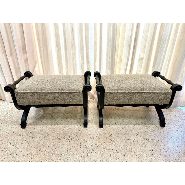 Mid-Century Modern 1950's Scrolled Carved Ebonized Wood Frame Benches/ Ottomans, Pair For Sale - Image 3 of 11