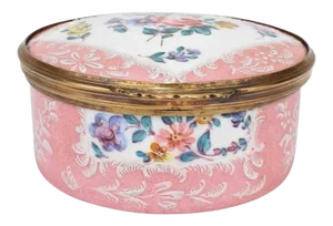 Antique Round 18th Century English Battersea Bilston Pink Enamel Table Snuff Box