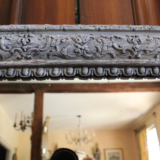French Grey Painted Carved Oak Pier Mirror / Over Mantel Mirror For Sale - Image 10 of 13