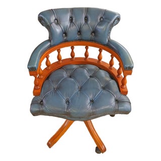 1990s English Blue Chesterfield Style Tufted Leather Captains Chair Office Chair For Sale