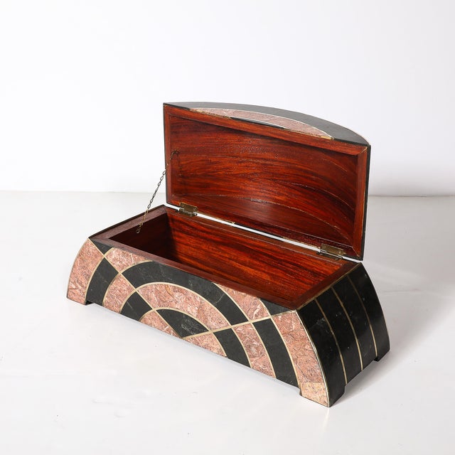 An exquisite Mid-Century Modernist tessellated marble demilune box, designed by Celerie Kemble for Maitland Smith,...