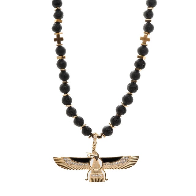 Guidance Faravahar Symbol Pendant Black Beaded Necklace is a striking and meaningful piece designed for those who...