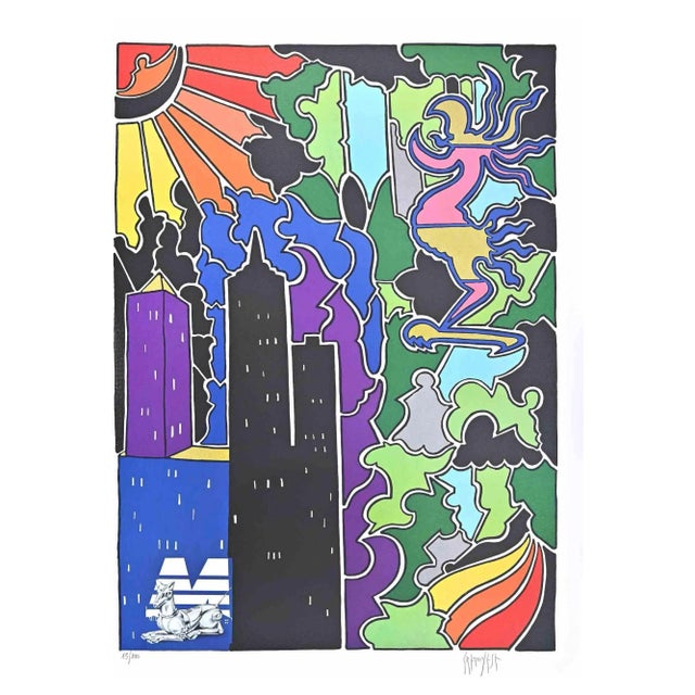 Antonio Cremonese, Abstract Urban Landscape, Lithograph, 1980s For Sale