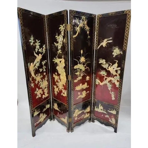 Paint Vintage Chinese Mother of Pearl Coromandel Lacquered Screen Room Divider For Sale - Image 7 of 7