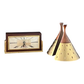 Mid Century Seth Thomas Clock, Tony Paul Brass Walnut Bookends, Atomic Desk Decor For Sale