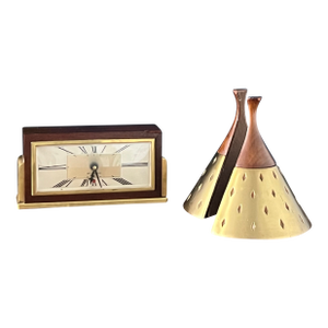 Mid Century Seth Thomas Clock, Tony Paul Brass Walnut Bookends, Atomic Desk Decor