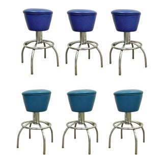 6 Vintage Mid Century Modern Chrome & Vinyl Swivel Bar Counter Stools Chairs For Sale