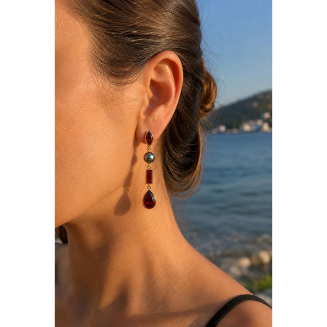 Modern Garnet & Pearl Drop Earrings Studs, Silver, Gold, Pair For Sale - Image 3 of 9